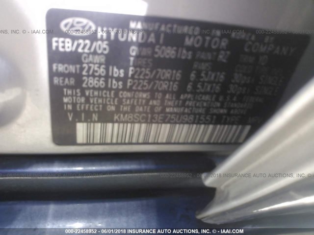 KM8SC13E75U981551 - 2005 HYUNDAI SANTA FE GLS/LX SILVER photo 9