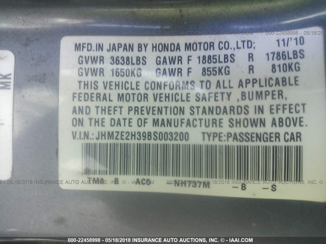 JHMZE2H39BS003200 - 2011 HONDA INSIGHT GRAY photo 9