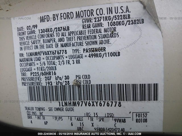 1LNHM97V6XY676778 - 1999 LINCOLN CONTINENTAL  白色 照片 9