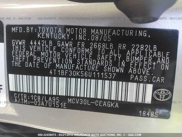 4T1BF30K56U111537 - 2006 TOYOTA CAMRY LE/XLE/SE ვერცხლისფერი ფოტო 9