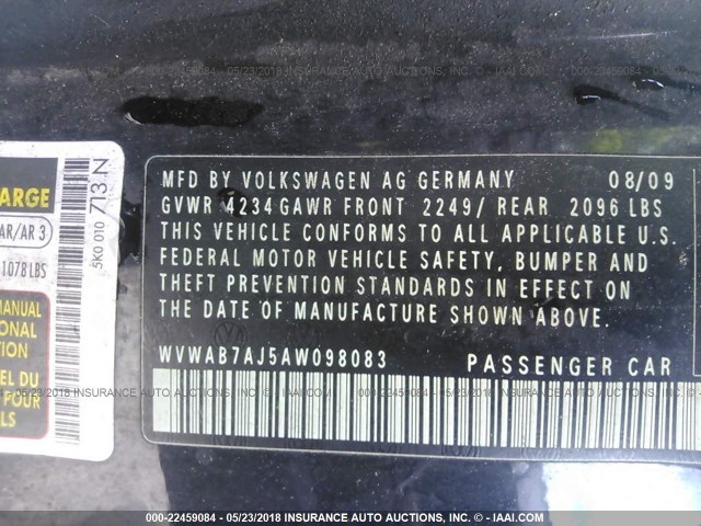 WVWAB7AJ5AW098083 - 2010 VOLKSWAGEN GOLF 黑色 照片 9