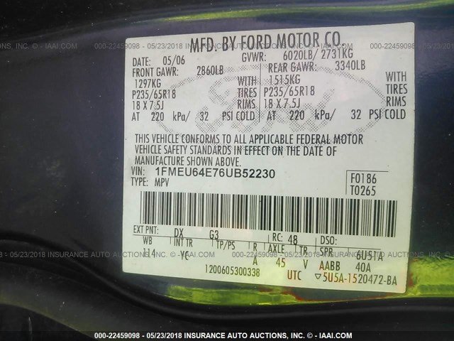 1FMEU64E76UB52230 - 2006 FORD EXPLORER EDDIE BAUER BLUE photo 9