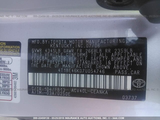 4T1BE46K07U054746 - 2007 TOYOTA CAMRY NEW GENERAT CE/LE/XLE/SE SILVER photo 9