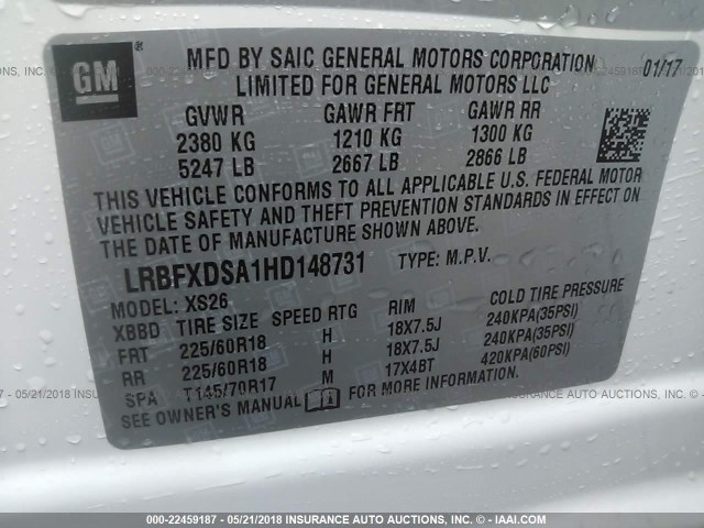 LRBFXDSA1HD148731 - 2017 BUICK ENVISION ESSENCE Սպիտակ լուսանկար 9