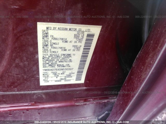 1N6BA07BX5N530397 - 2005 NISSAN TITAN XE/SE/LE BURGUNDY photo 9