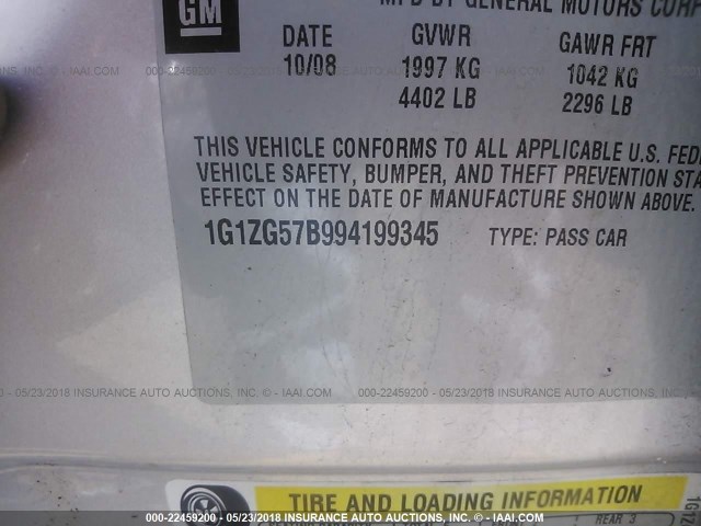 1G1ZG57B994199345 - 2009 CHEVROLET MALIBU LS 银色 照片 9