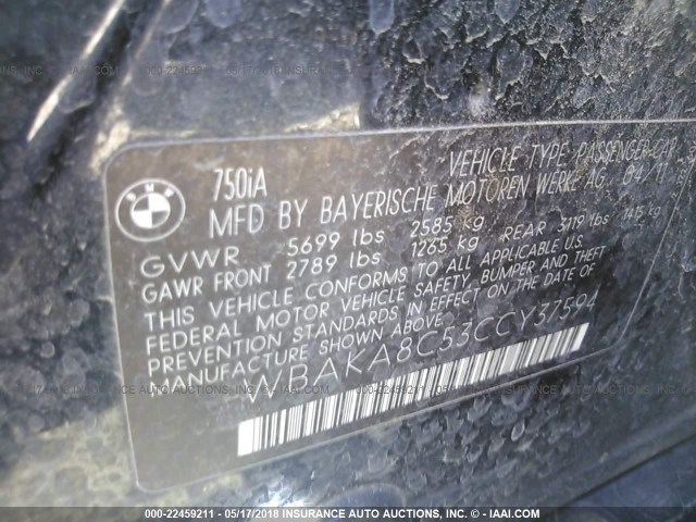 WBAKA8C53CCY37594 - 2012 BMW 750 I BLACK photo 9
