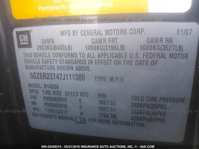 5GZER23747J111380 - 2007 SATURN OUTLOOK XR შავი ფოტო 9