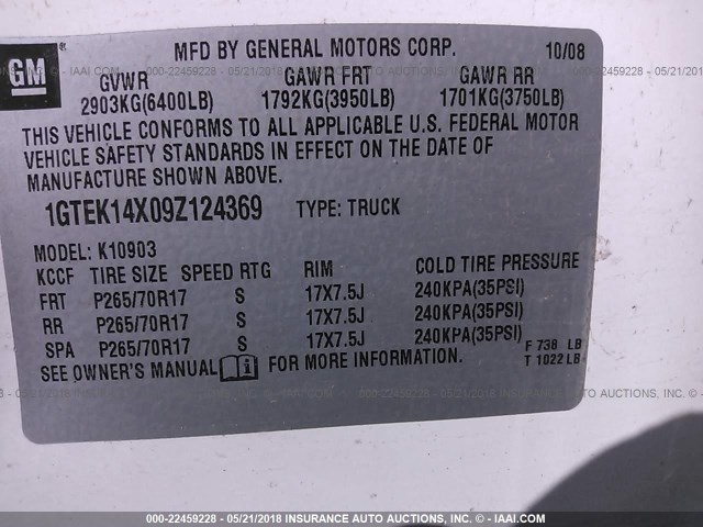 1GTEK14X09Z124369 - 2009 GMC SIERRA K1500 თეთრი ფოტო 9