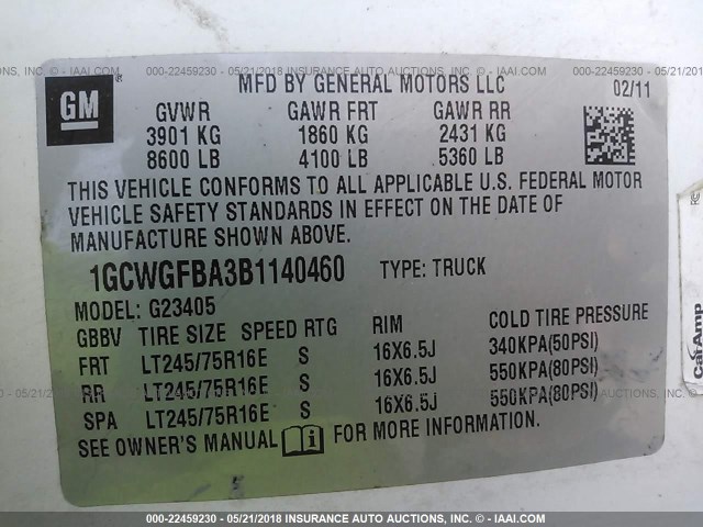 1GCWGFBA3B1140460 - 2011 CHEVROLET EXPRESS G2500  WHITE photo 9