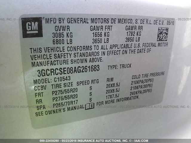 3GCRCSE08AG261683 - 2010 CHEVROLET SILVERADO C1500 LT SILVER photo 9