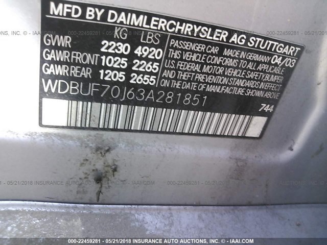 WDBUF70J63A281851 - 2003 MERCEDES-BENZ E 500 SILVER photo 9