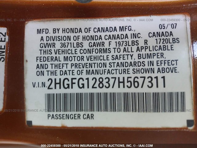 2HGFG12837H567311 - 2007 HONDA CIVIC EX ORANGE photo 9