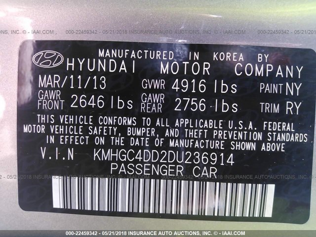 KMHGC4DD2DU236914 - 2013 HYUNDAI GENESIS 3.8L GRAY photo 9