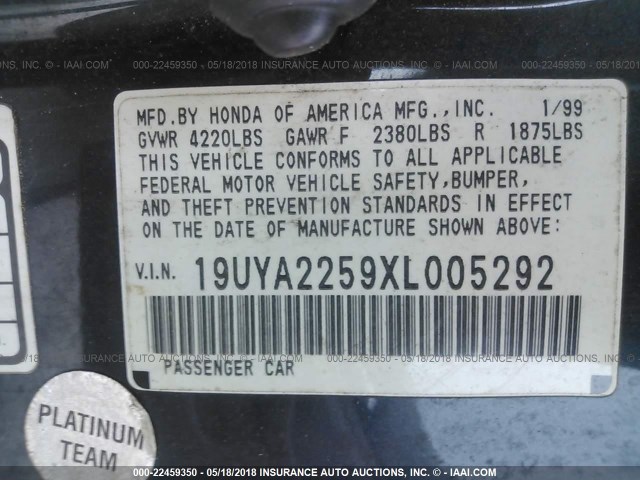 19UYA2259XL005292 - 1999 ACURA 3.0CL BLUE photo 9