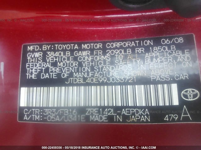 JTDBL40E99J033721 - 2009 TOYOTA COROLLA LE/XLE RED photo 9