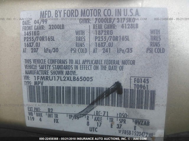 1FMRU17L2XLB65005 - 1999 FORD EXPEDITION GOLD photo 9