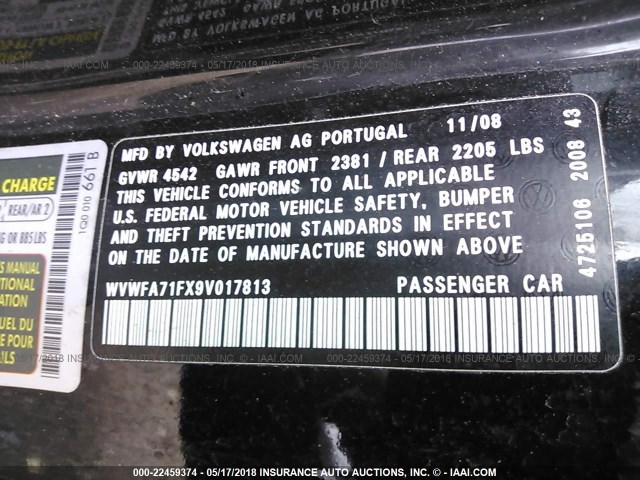 WVWFA71FX9V017813 - 2009 VOLKSWAGEN EOS LUX Черный фото 9
