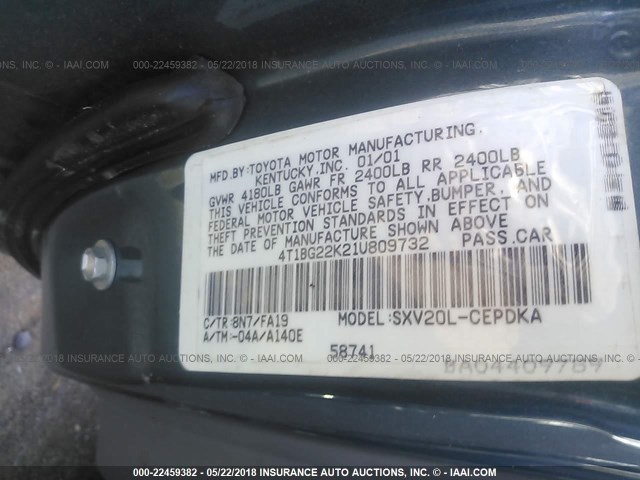 4T1BG22K21U809732 - 2001 TOYOTA CAMRY CE/LE/XLE GRAY photo 9