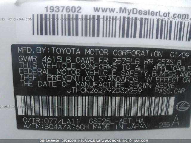 JTHCK262792032259 - 2009 LEXUS IS 250 WHITE photo 9