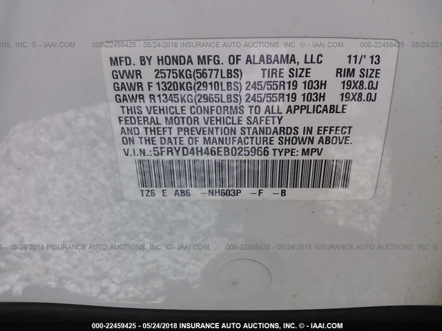 5FRYD4H46EB025966 - 2014 ACURA MDX TECHNOLOGY WHITE photo 9