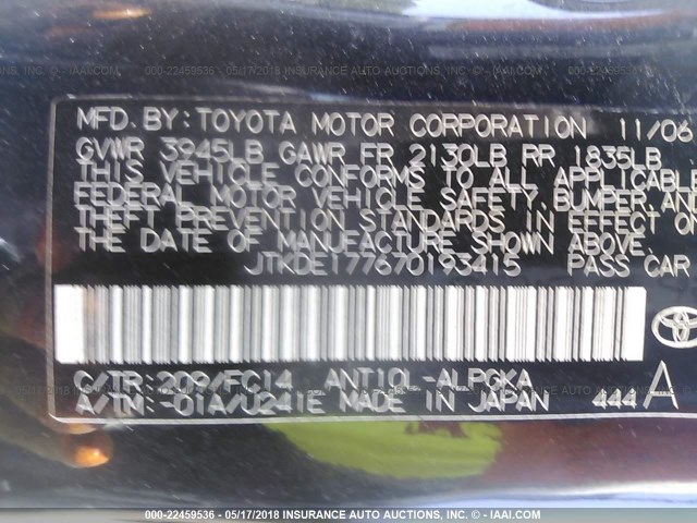 JTKDE177670193415 - 2007 TOYOTA SCION TC 黑色 照片 9
