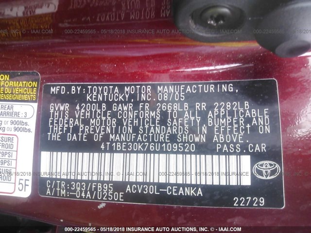 4T1BE30K76U109520 - 2006 TOYOTA CAMRY LE/XLE/SE RED photo 9