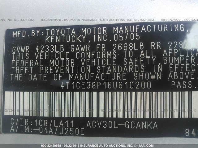 4T1CE38P16U610200 - 2006 TOYOTA CAMRY SOLARA SE/SLE ვერცხლისფერი ფოტო 9