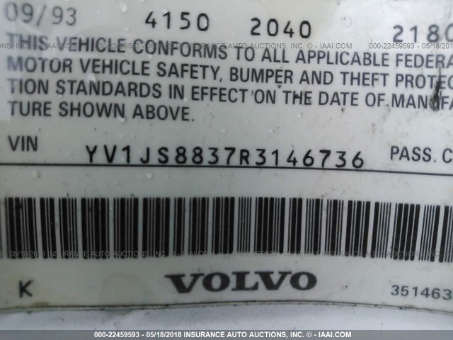 YV1JS8837R3146736 - 1994 VOLVO 940 WHITE photo 9