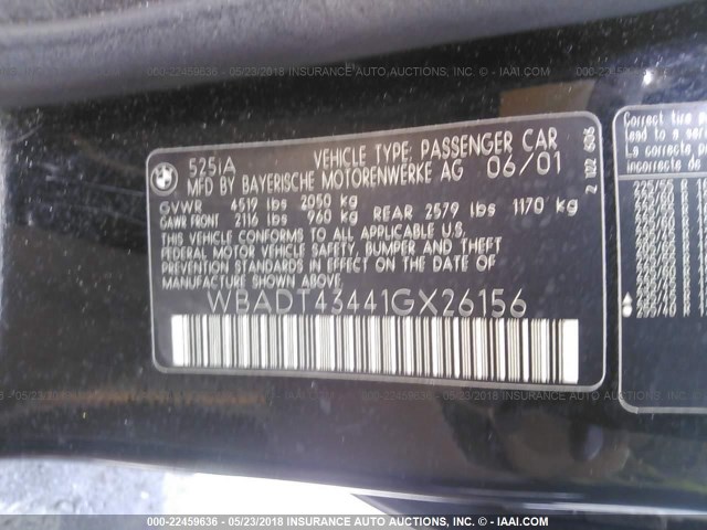 WBADT43441GX26156 - 2001 BMW 525 I AUTOMATIC BLACK photo 9