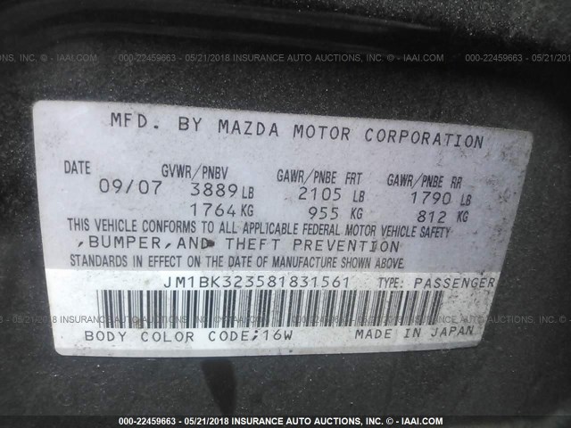 JM1BK323581831561 - 2008 MAZDA 3 S BLACK photo 9