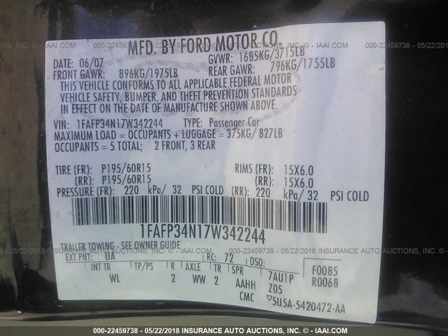 1FAFP34N17W342244 - 2007 FORD FOCUS ZX4/S/SE/SES 黑色 照片 9