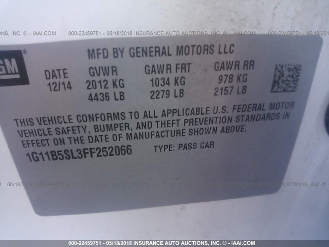 1G11B5SL3FF252066 - 2015 CHEVROLET MALIBU LS თეთრი ფოტო 9