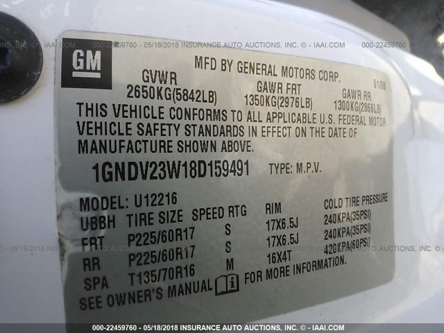 1GNDV23W18D159491 - 2008 CHEVROLET UPLANDER LS WHITE photo 9