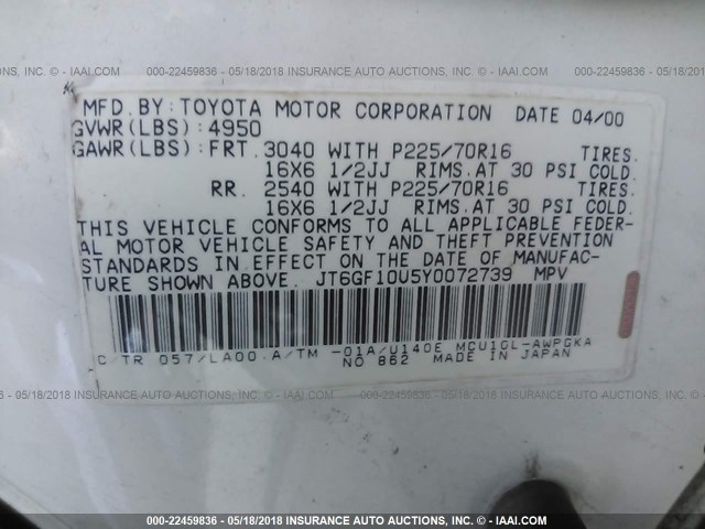 JT6GF10U5Y0072739 - 2000 LEXUS RX 300 WHITE photo 9