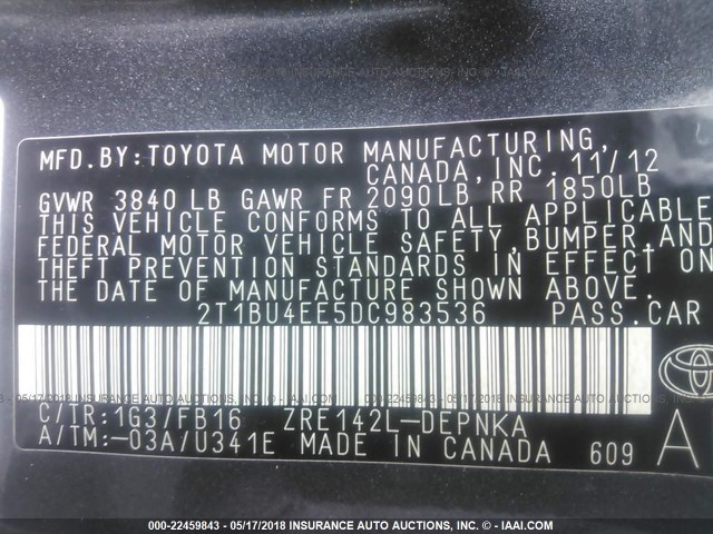 2T1BU4EE5DC983536 - 2013 TOYOTA COROLLA S/LE GRAY photo 9