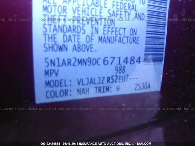 5N1AR2MN9DC671484 - 2013 NISSAN PATHFINDER S/SV/SL/PLATINUM 红色 照片 9