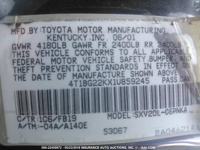 4T1BG22KX1U859245 - 2001 TOYOTA CAMRY CE/LE/XLE 灰色 照片 9