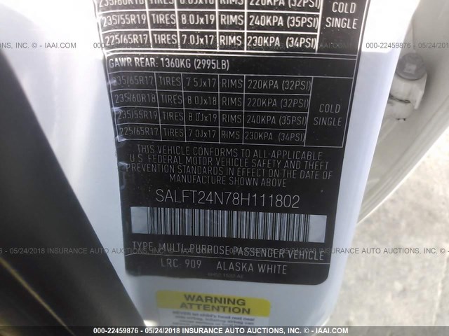 SALFT24N78H111802 - 2008 LAND ROVER LR2 HSE TECHNOLOGY WHITE photo 9