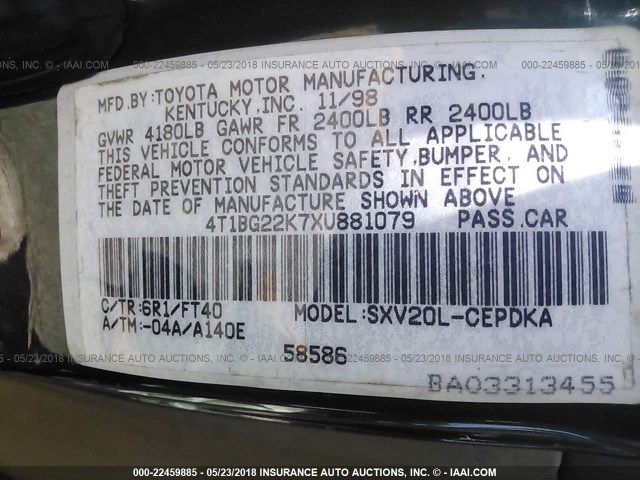 4T1BG22K7XU881079 - 1999 TOYOTA CAMRY CE/LE/XLE GREEN photo 9