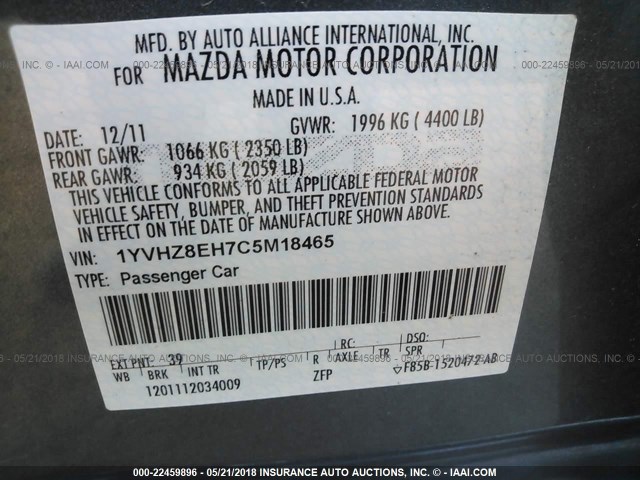 1YVHZ8EH7C5M18465 - 2012 MAZDA 6 I Көк фото 9