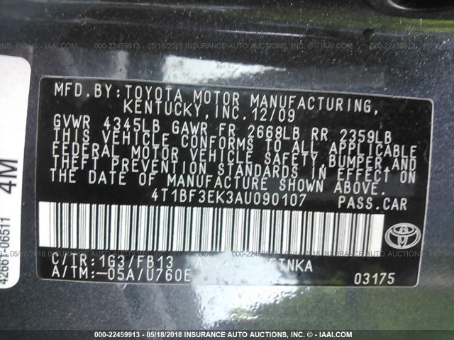 4T1BF3EK3AU090107 - 2010 TOYOTA CAMRY SE/LE/XLE ნაცრისფერი ფოტო 9