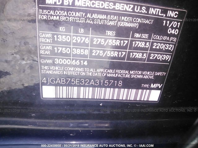 4JGAB75E32A315718 - 2002 MERCEDES-BENZ ML 500 BLACK photo 9
