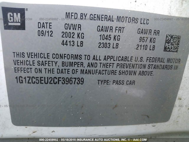 1G1ZC5EU2CF396739 - 2012 CHEVROLET MALIBU 1LT 白色 照片 9