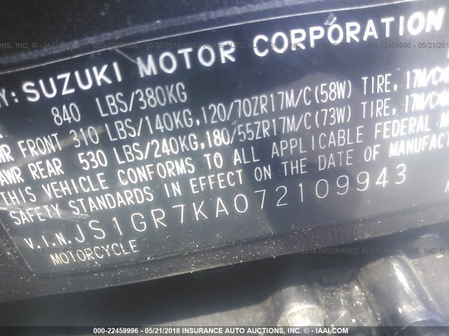 JS1GR7KA072109943 - 2007 SUZUKI GSX-R750 BLACK photo 10