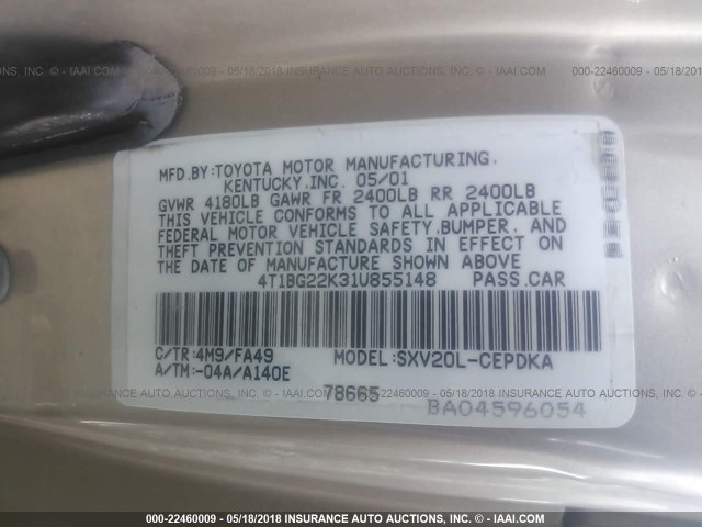 4T1BG22K31U855148 - 2001 TOYOTA CAMRY CE/LE/XLE GOLD photo 9