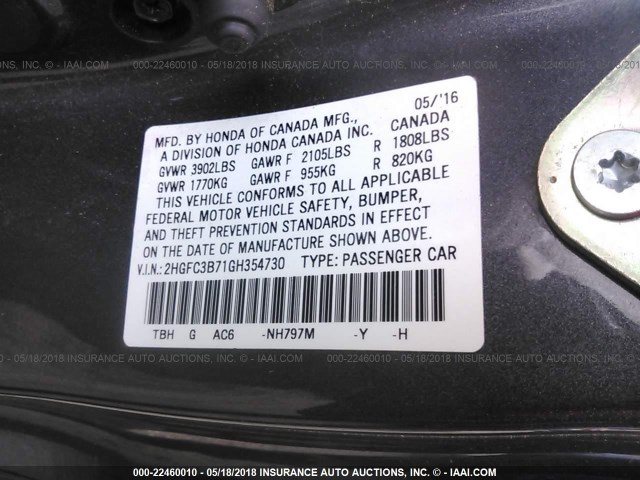 2HGFC3B71GH354730 - 2016 HONDA CIVIC EXL GRAY photo 9