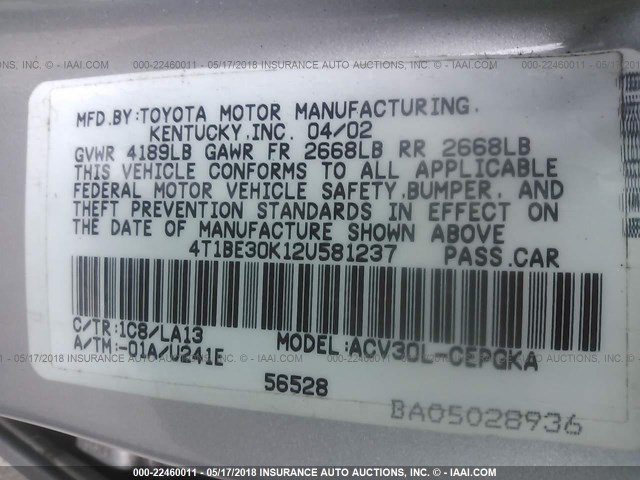 4T1BE30K12U581237 - 2002 TOYOTA CAMRY LE/XLE/SE ვერცხლისფერი ფოტო 9