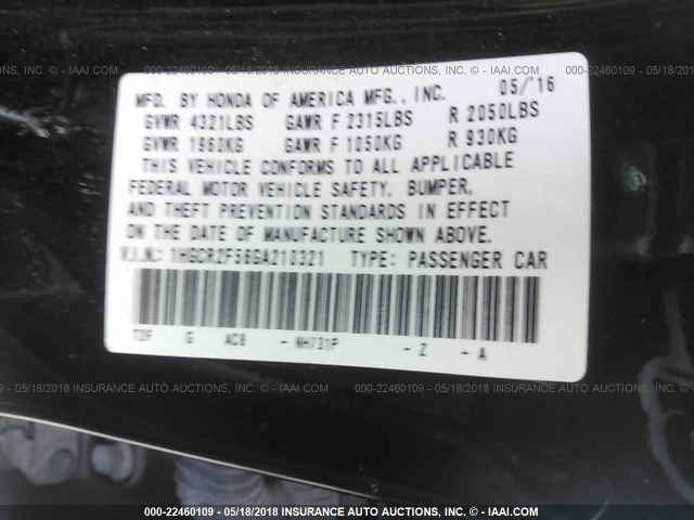 1HGCR2F56GA210321 - 2016 HONDA ACCORD SPORT 黑色 照片 9