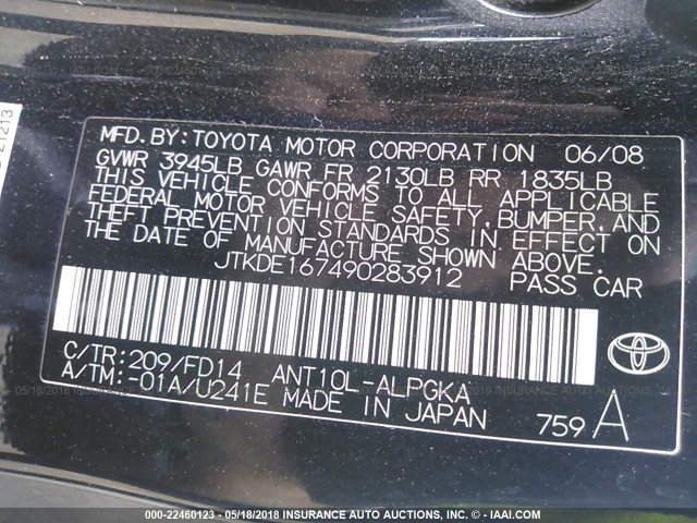 JTKDE167490283912 - 2009 TOYOTA SCION TC 黑色 照片 9
